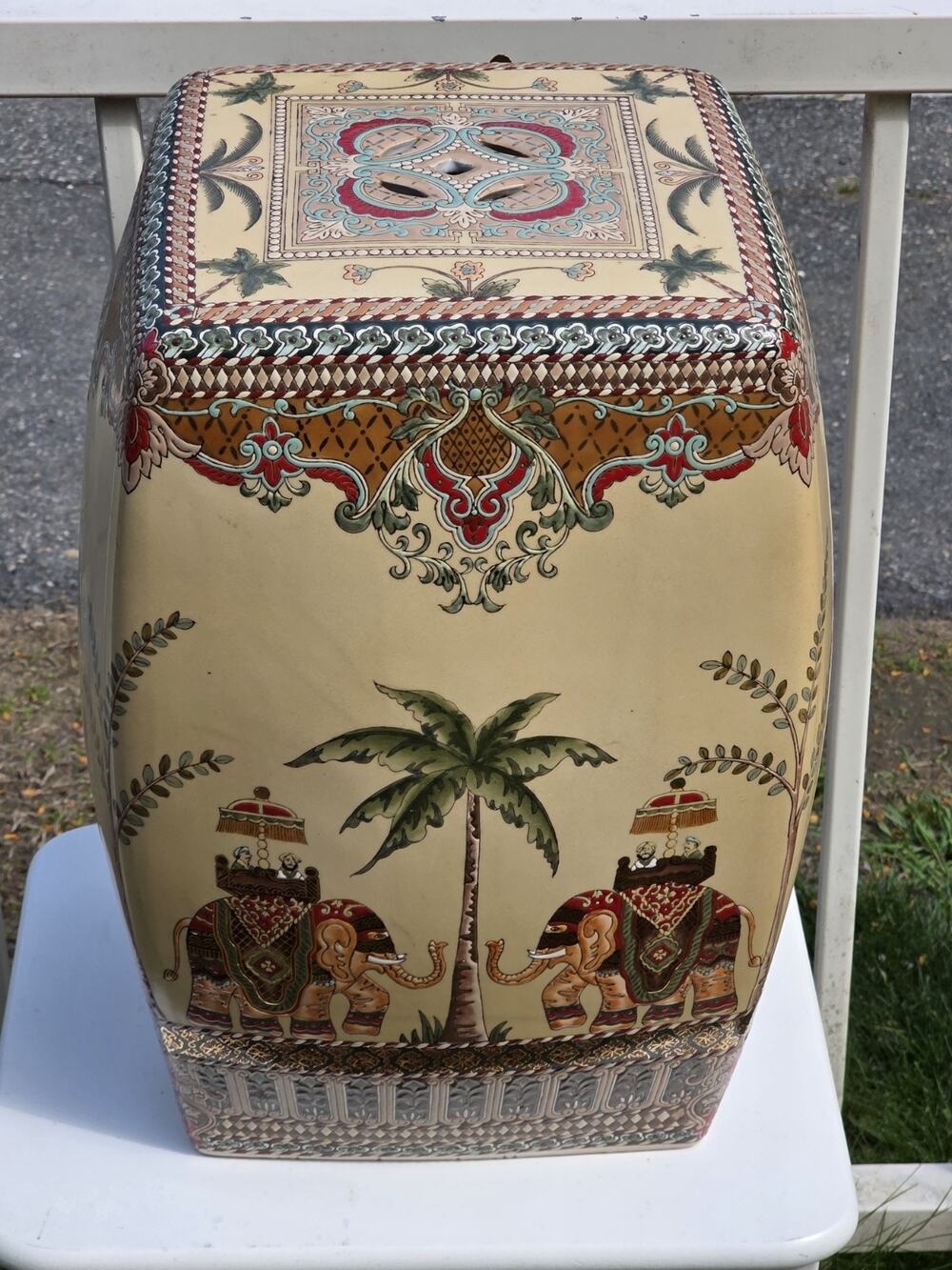 Mid 20th Century Ceramic Garden Stool Tropical Theme with Elephants & Palm Trees